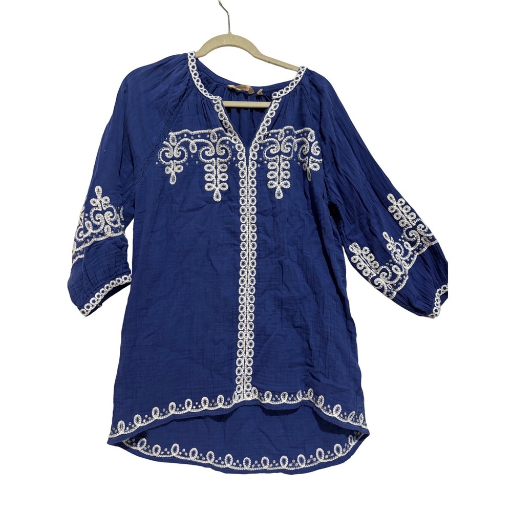 Soft‎ Surroundings Blue Embroidered Cotton Gauze Tunic Top Womens M peasant boho